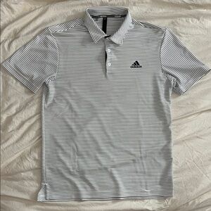 Adidas White and Blue Stripped Polo Shirt Performance Athletic